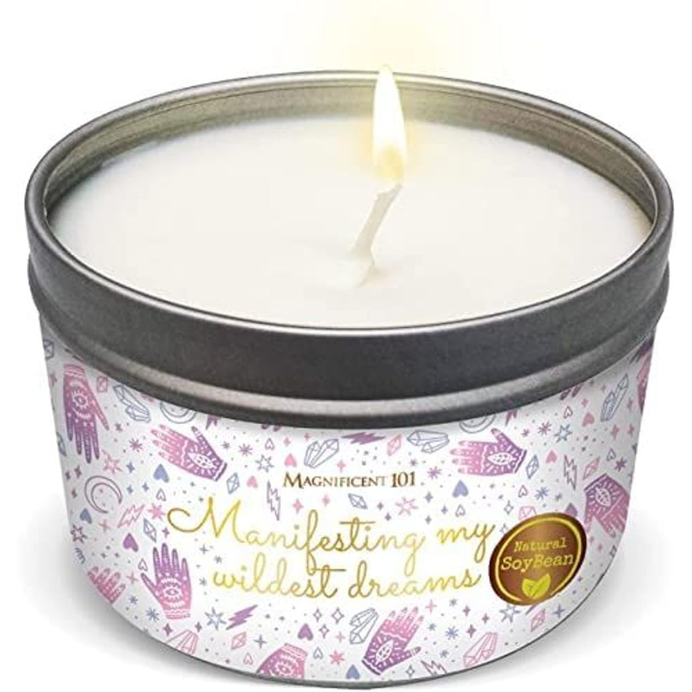 Magnificent 101 Affirmation Candle in a white tin with a warm glow for meditation.