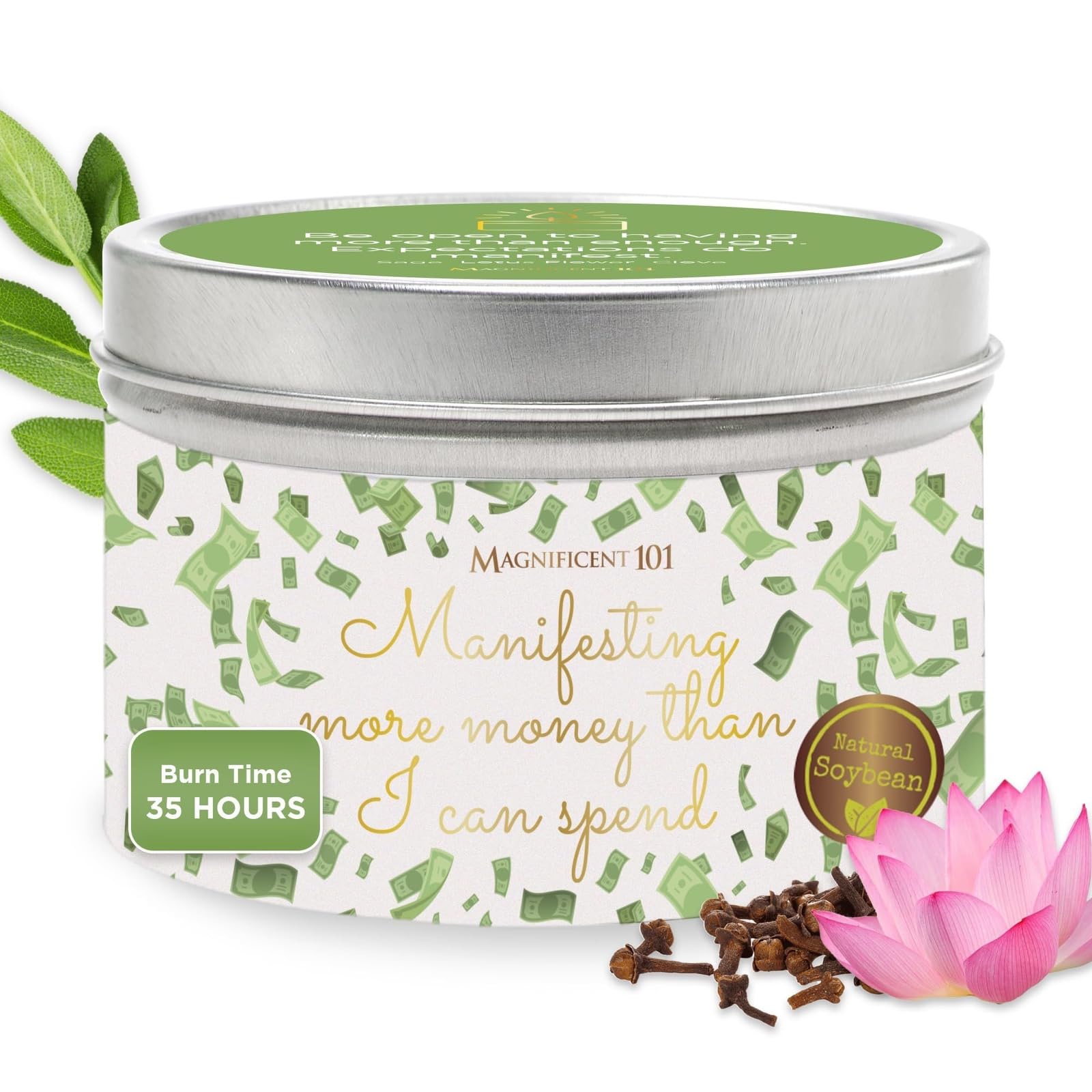 Magnificent 101 Manifest Money Candle packaging and label glow enhancing premium home ambiance
