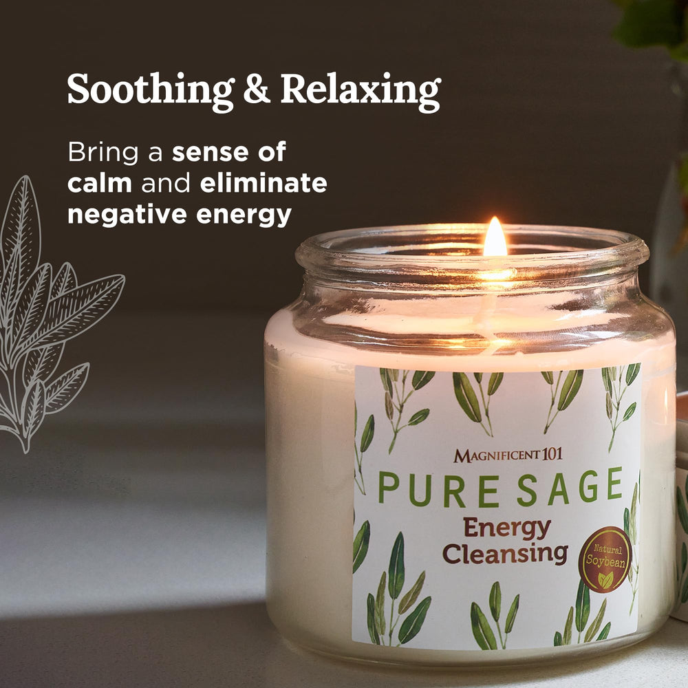 Magnificent 101 Pure Sage Energy Candle in glass container during ritual setup to support focus.