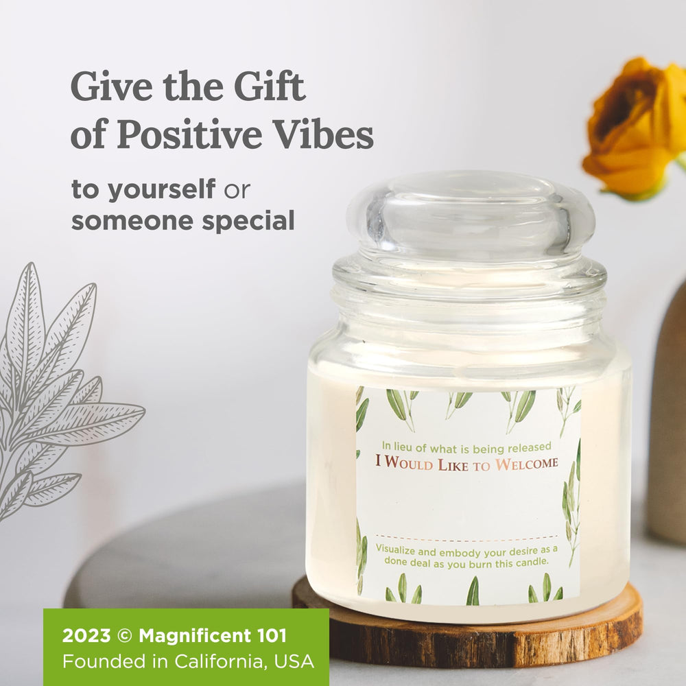 Magnificent 101 packaging and candle ready for gifting and well-being.