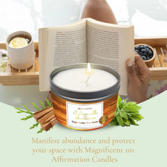 Magnificent 101 cedar-sage-palo santo aroma candle promotes calming rituals and space cleansing.