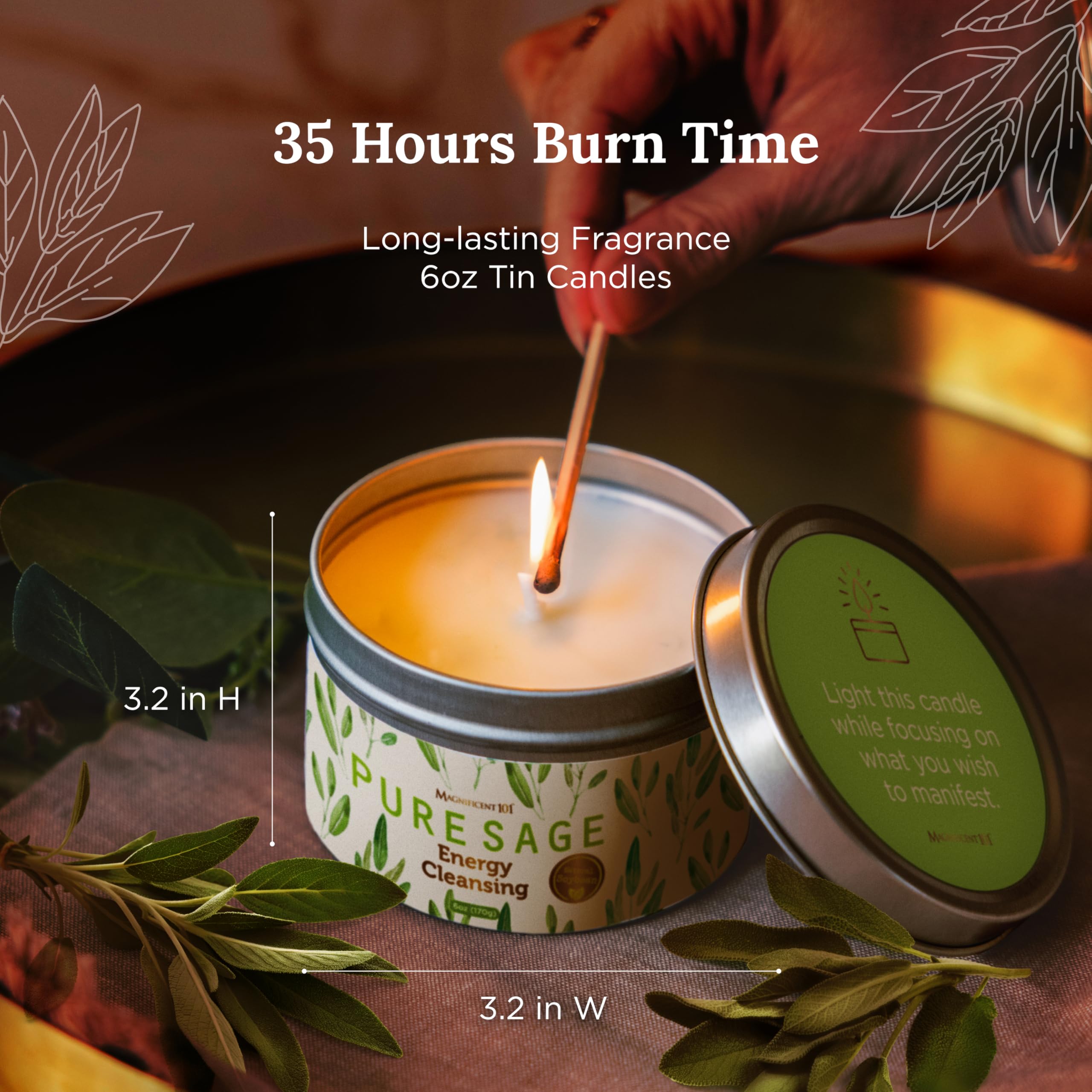 Magnificent 101 soy wax candle closeup highlights clean-burning, organic formula.