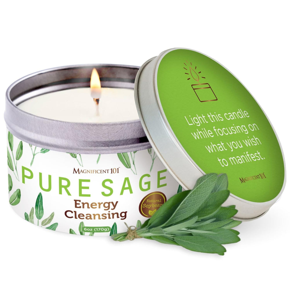 Magnificent 101 white sage candle packaging promotes clean energy and a welcoming ambiance.