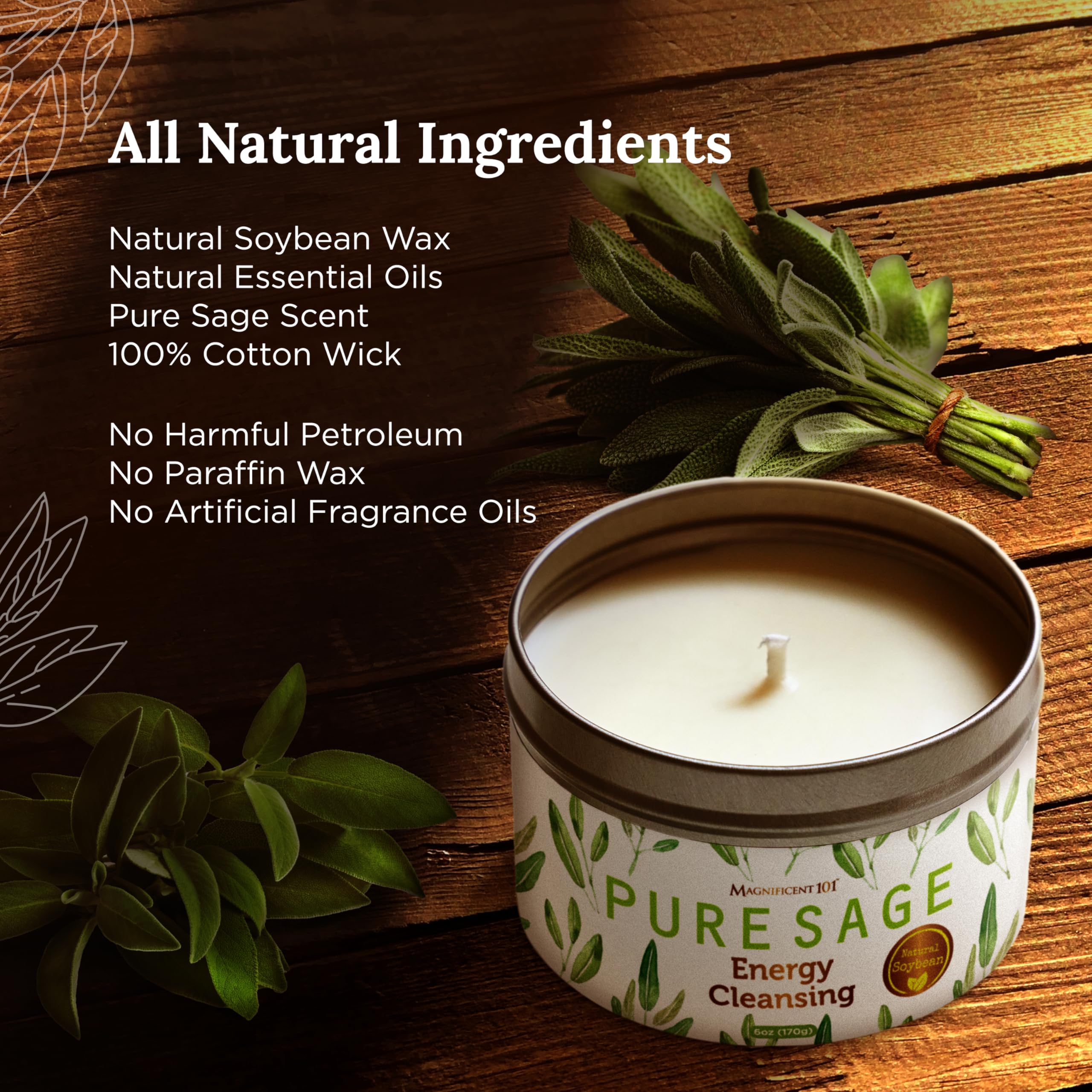 Magnificent 101 white sage candle lit creates calm atmosphere for mindfulness and focus.