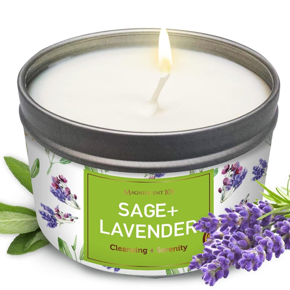 Magnificent101 sage and lavender smudge candle front view highlighting energy cleansing