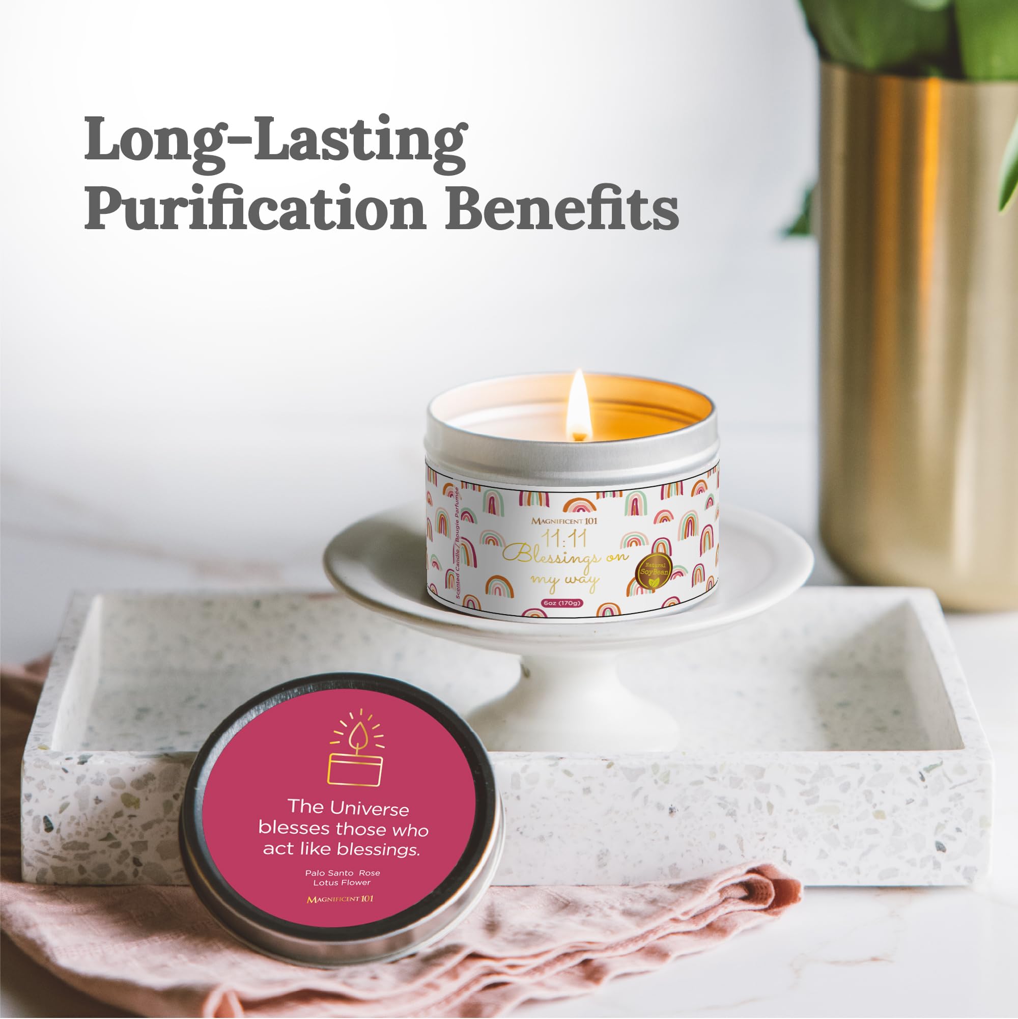 Magnificent 101 sage and Palo Santo scent cleanses spaces and invites clarity.