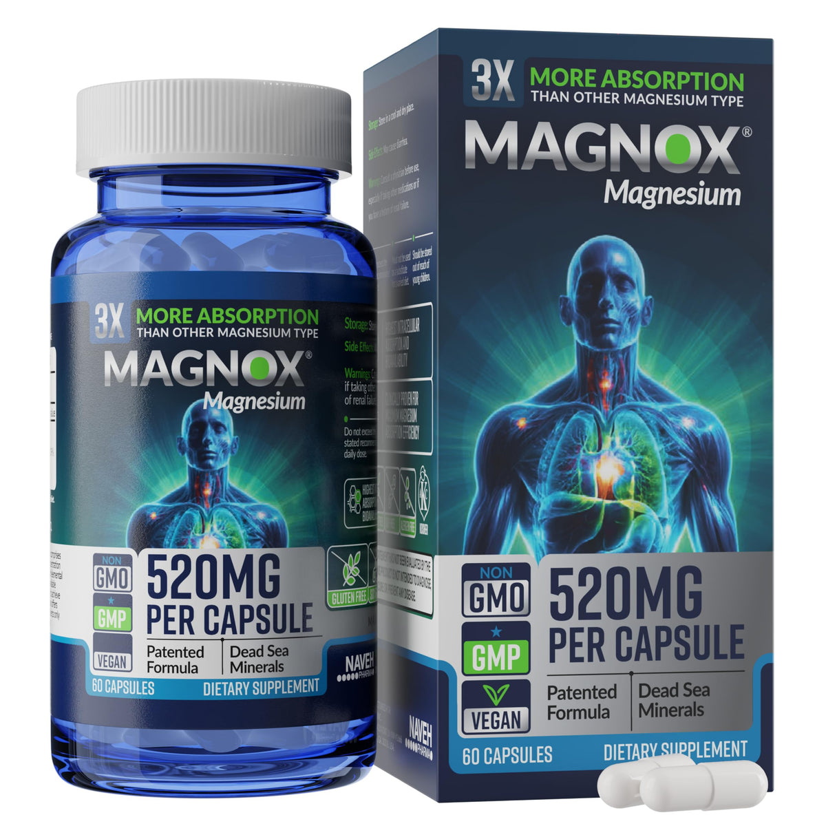 MAGNOX 520 bottle with capsules for daily magnesium support