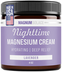 Magnum Solace Nighttime Magnesium Cream bottle for calm bedtime care.