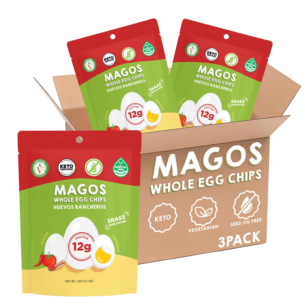 Magos Egg Chips bag with eggs rancheros flavor, protein-packed snack.