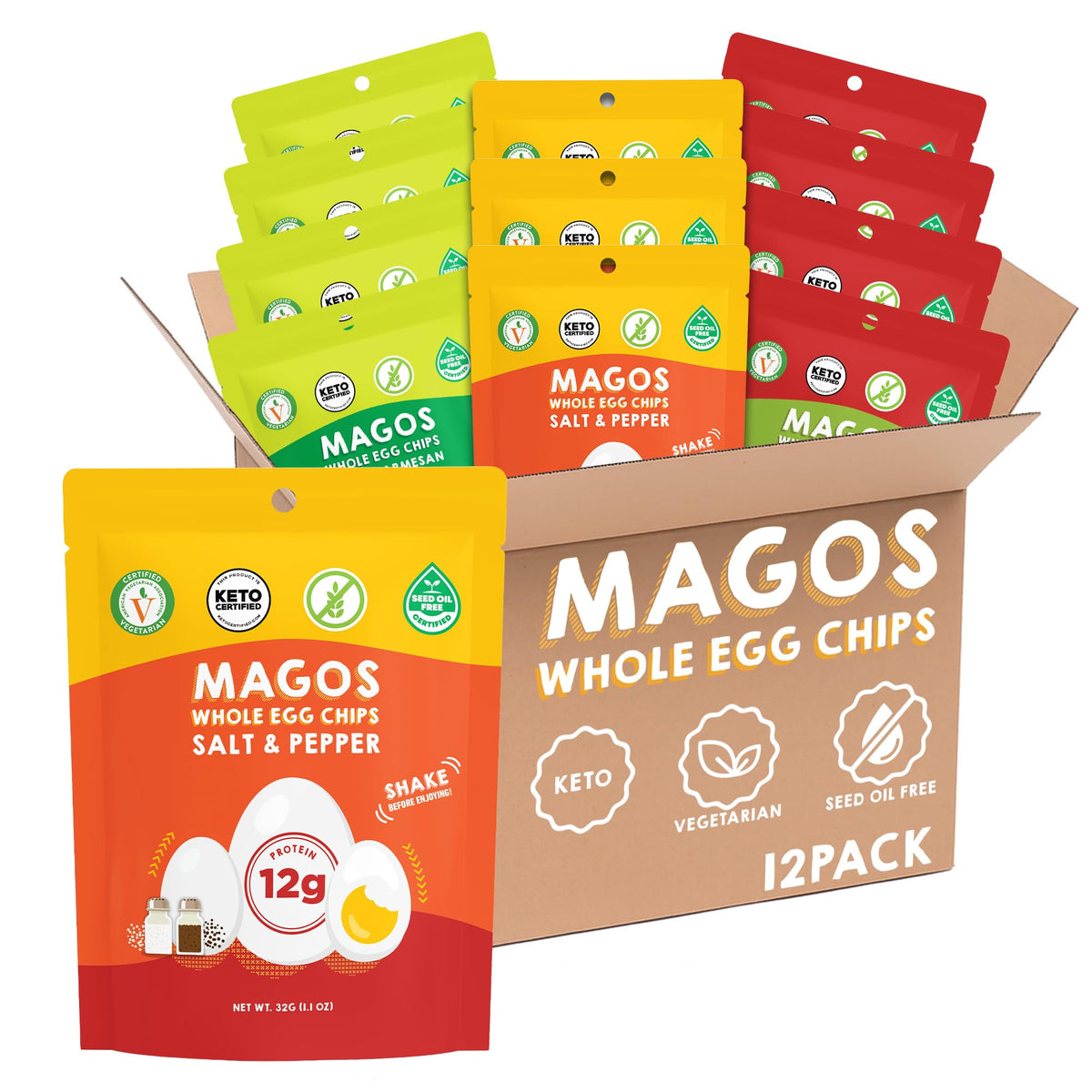 Magos Egg Chips Garlic Parmesan bag showing a savory high-protein snack ideal for on the go