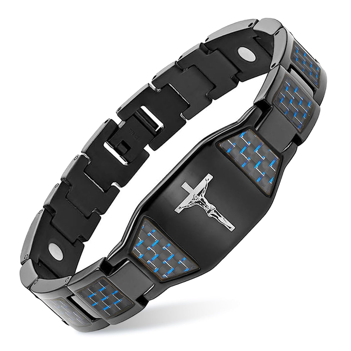 MagVIVACE magnetic bracelet for men with cross in black, versatile daily wear.