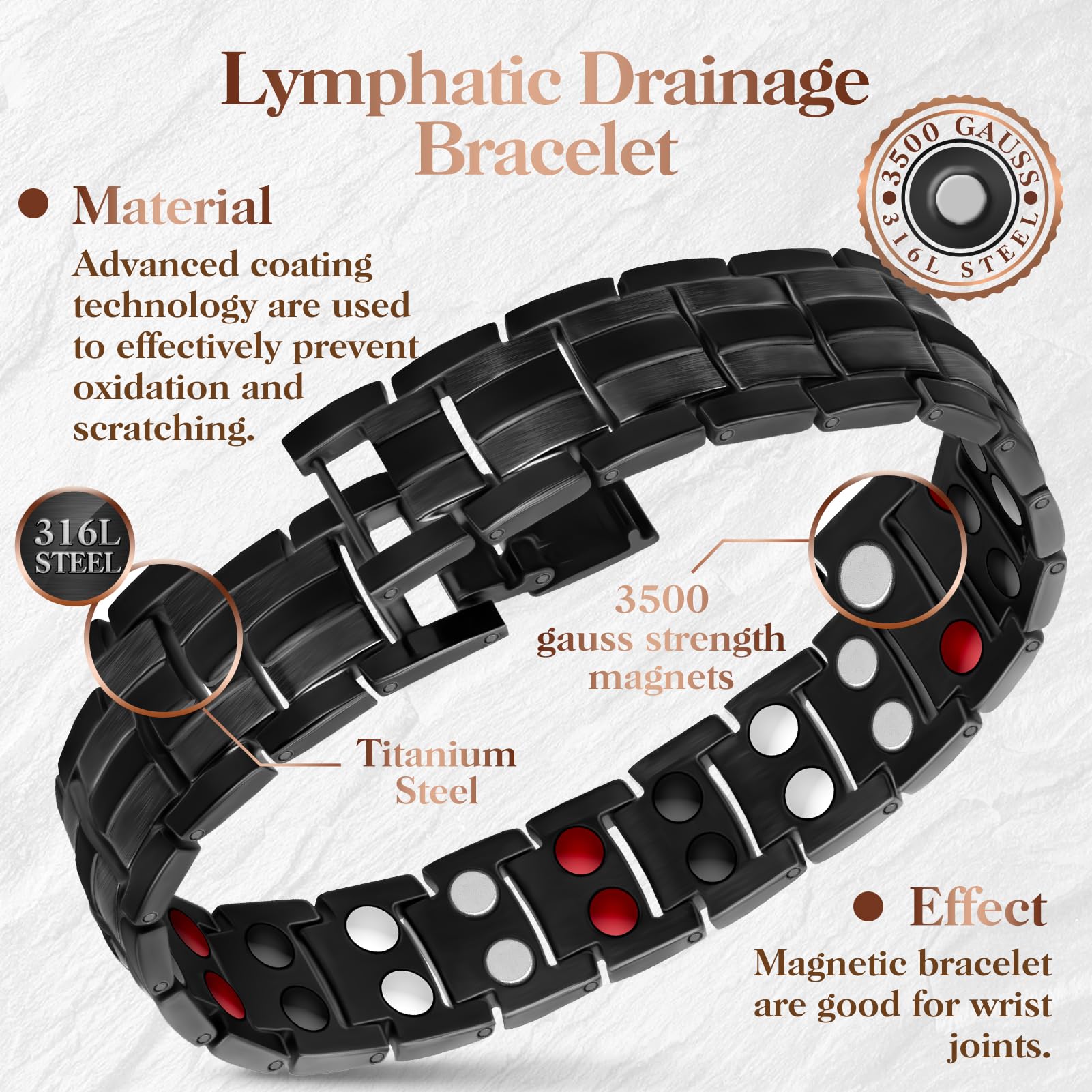 Mahnco bracelet ergonomic 22cm length on wrist for all-day comfort.