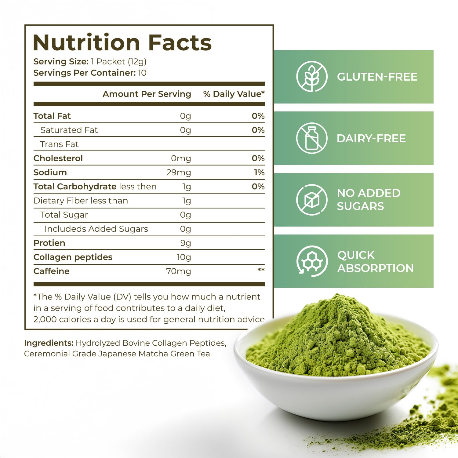 Close-up of Maiji collagen peptides scoop over fine green powder for easy mixing.