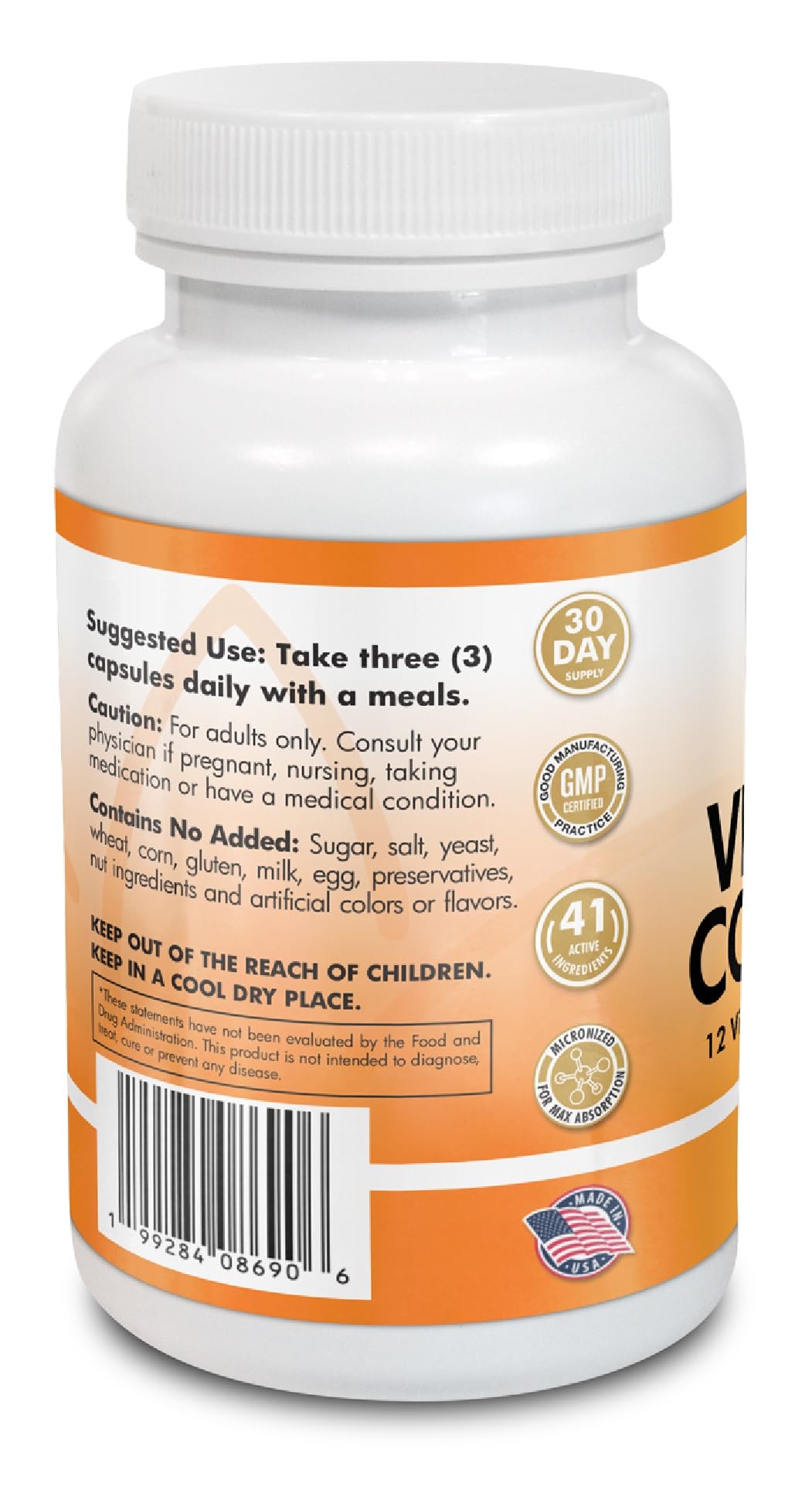 Main Products Vitamin Complex label closeup showing vitamins and minerals.