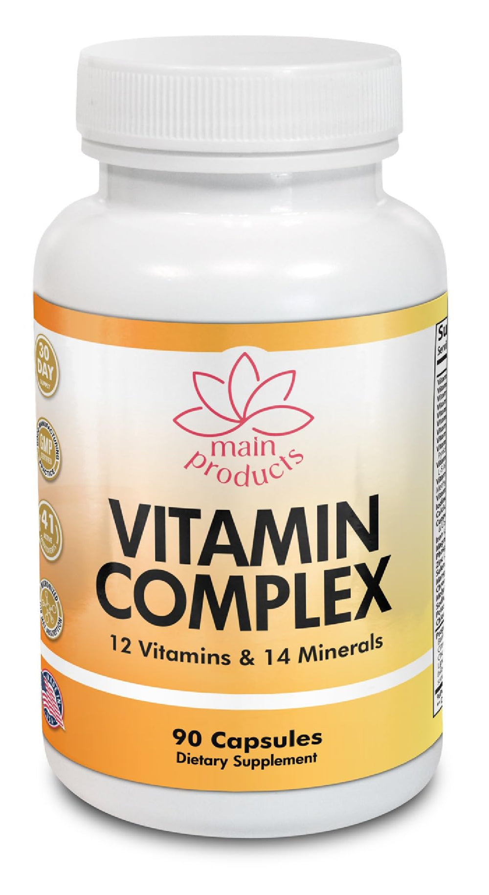 Main Products Vitamin Complex front packaging emphasizing no artificial colors or flavors.