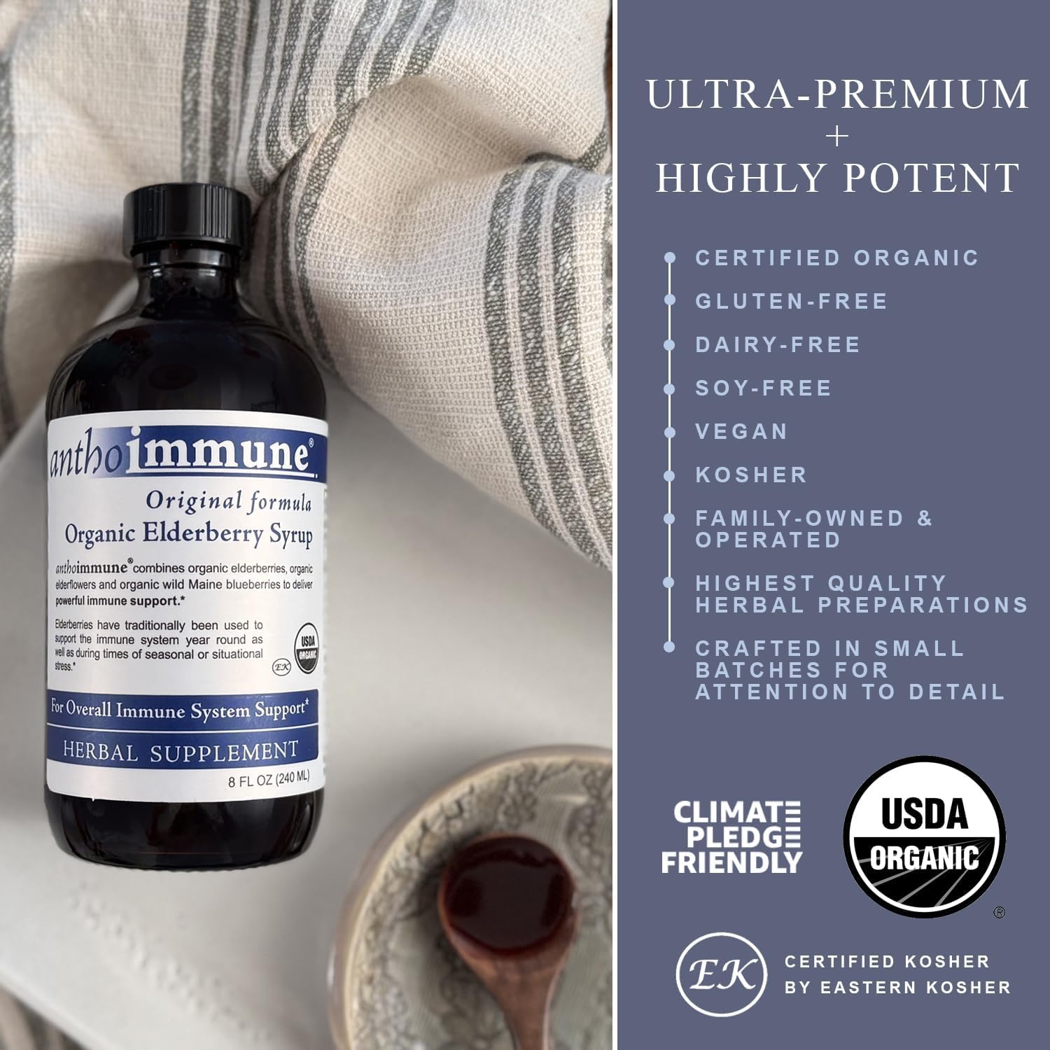 Maine Medicinals Elderberry Syrup being poured for easy daily use