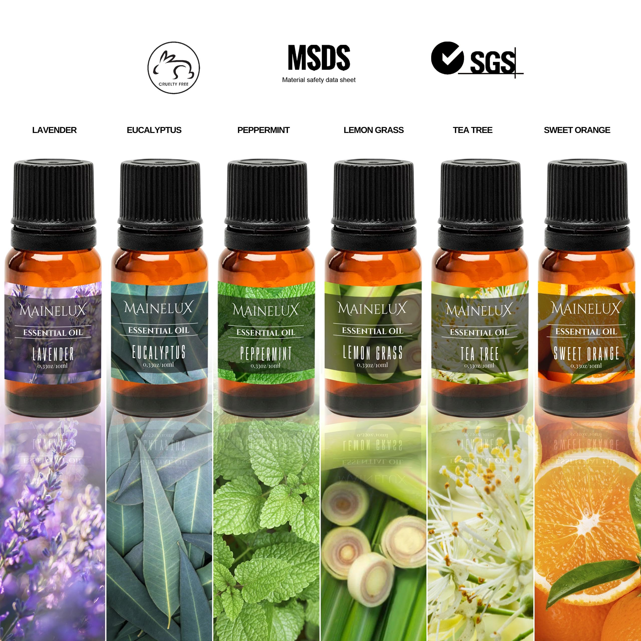 MAINELUX tea tree essential oil bottle for purifying aroma in diffusers.