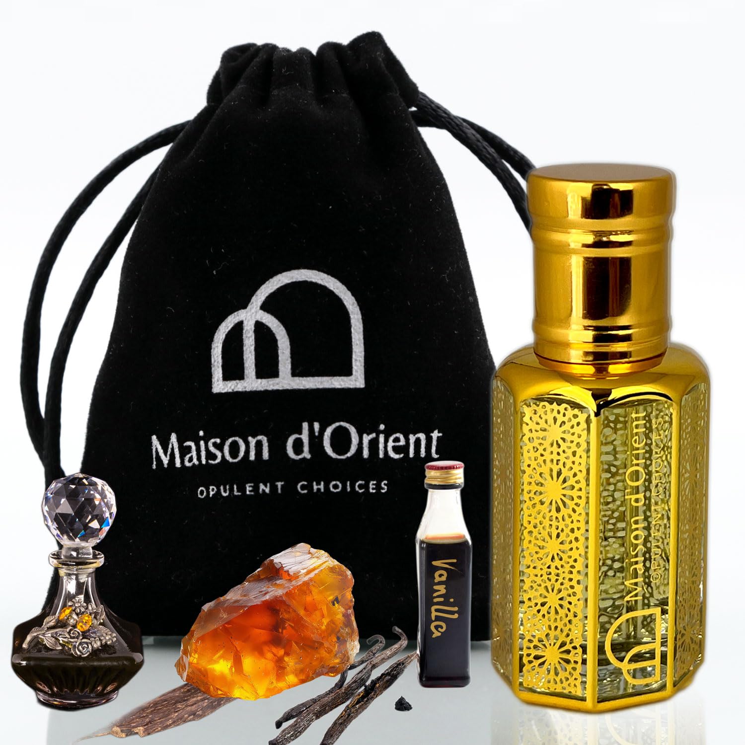 Maison d'Orient Amber Reverence bottle with pour spout, long-lasting woody aroma.