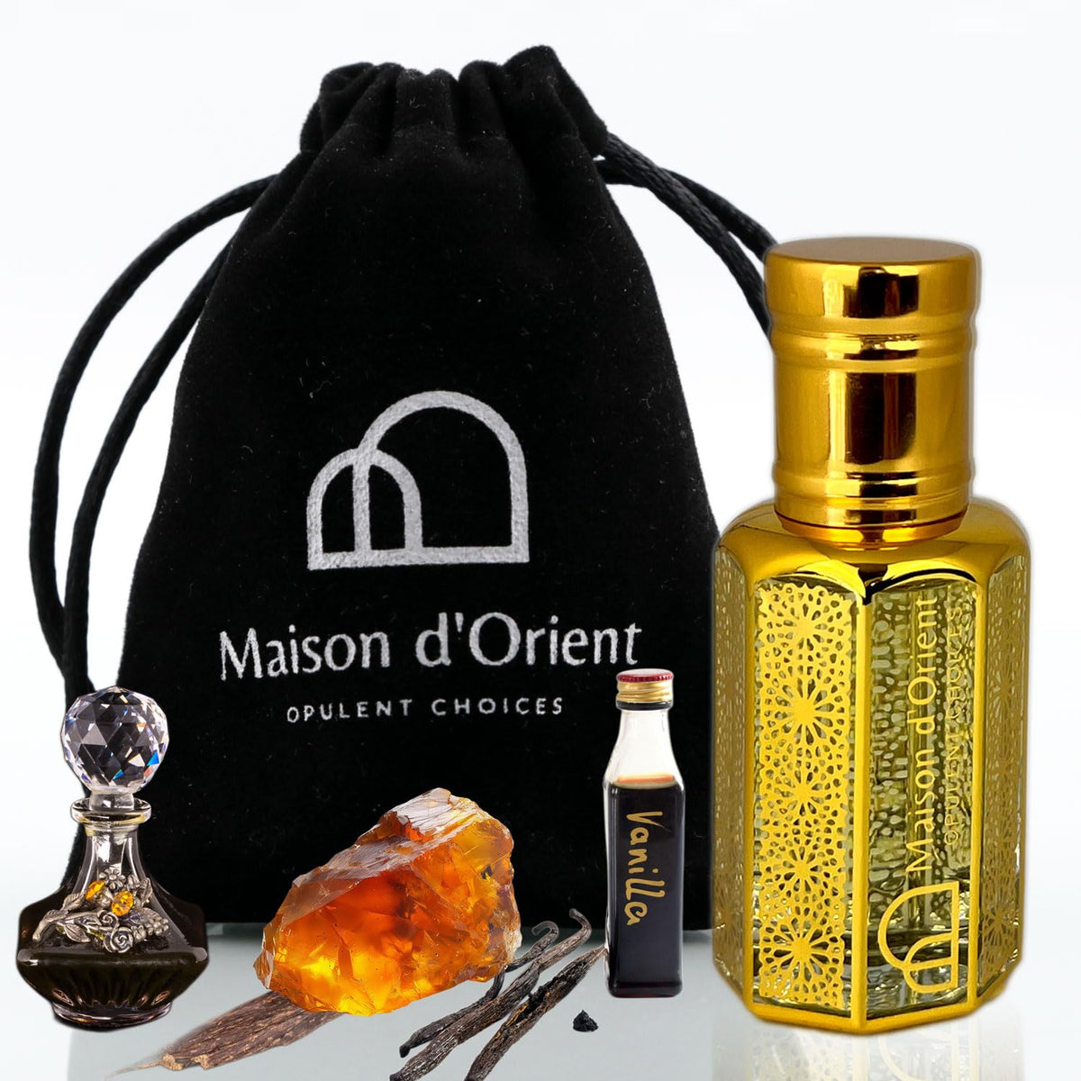 Maison d'Orient Amber Reverence bottle with pour spout, long-lasting woody aroma.