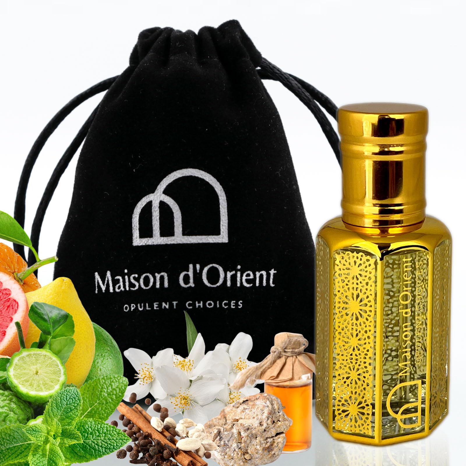 Maison d'Orient White Musk for Men bottle pour highlights clean musk and lavender.