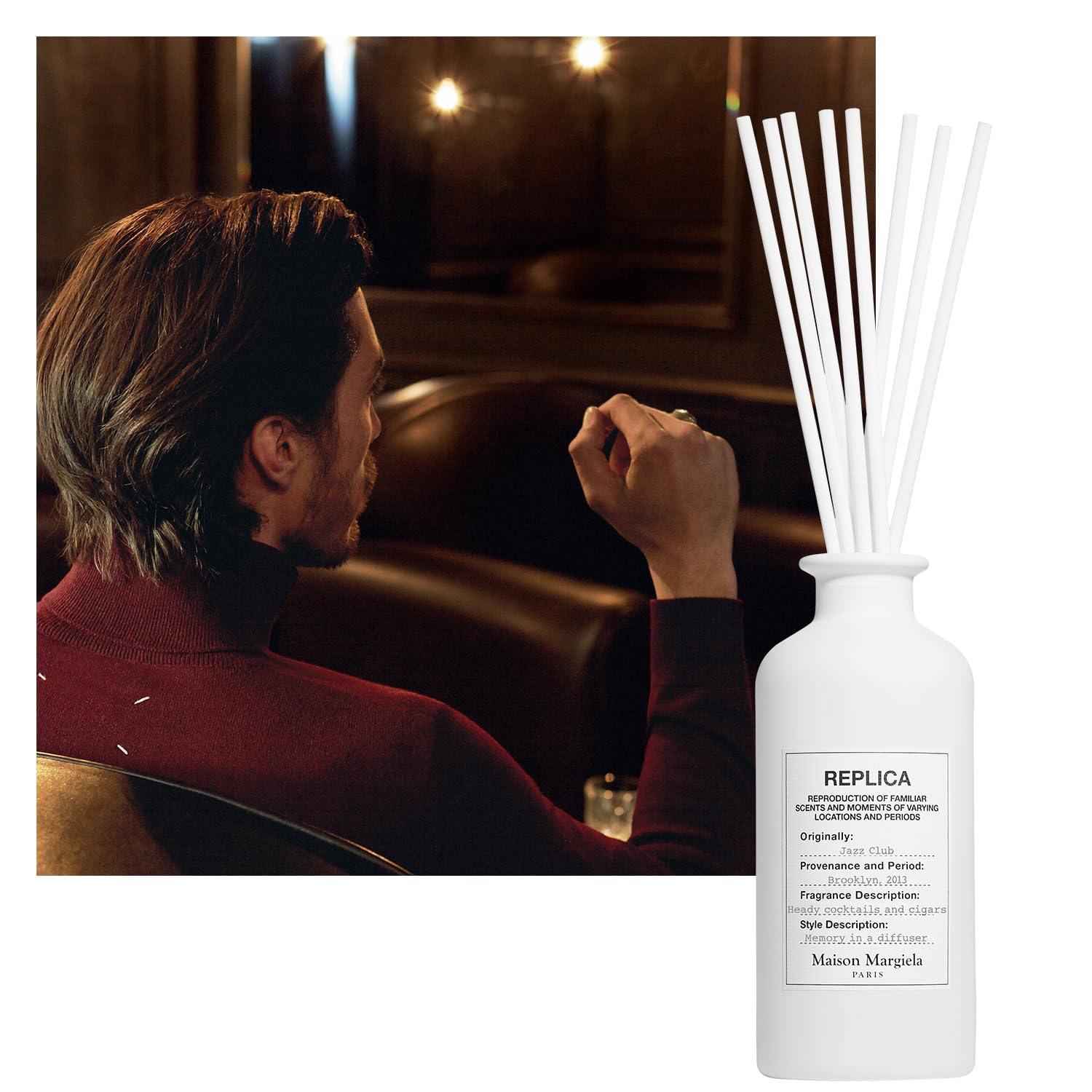 Maison Margiela Replica Jazz Club diffuser sticks inserted, releasing warm notes into the room.