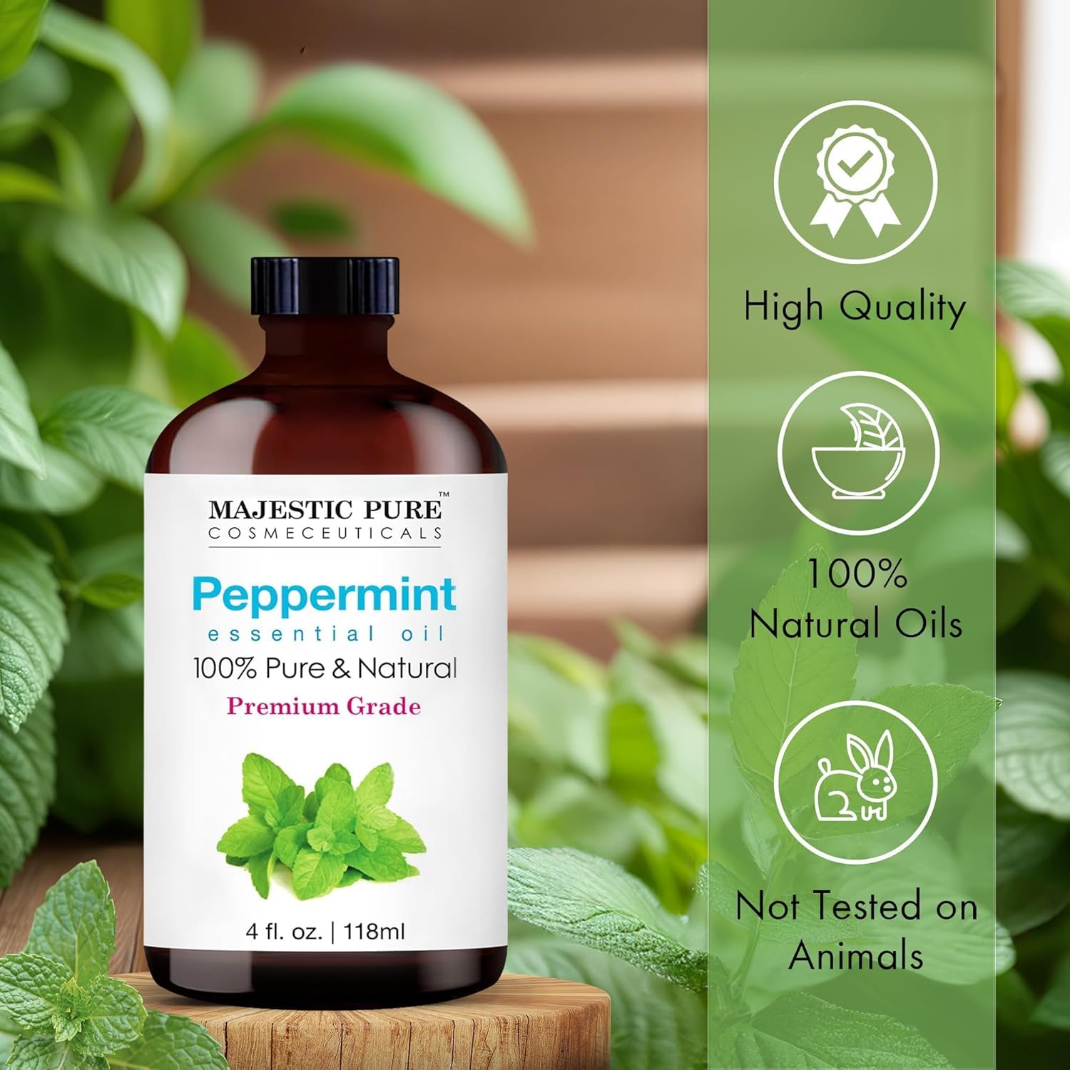 Aceite de Menta Majestic Pure en botella de vidrio para difusor en casa.