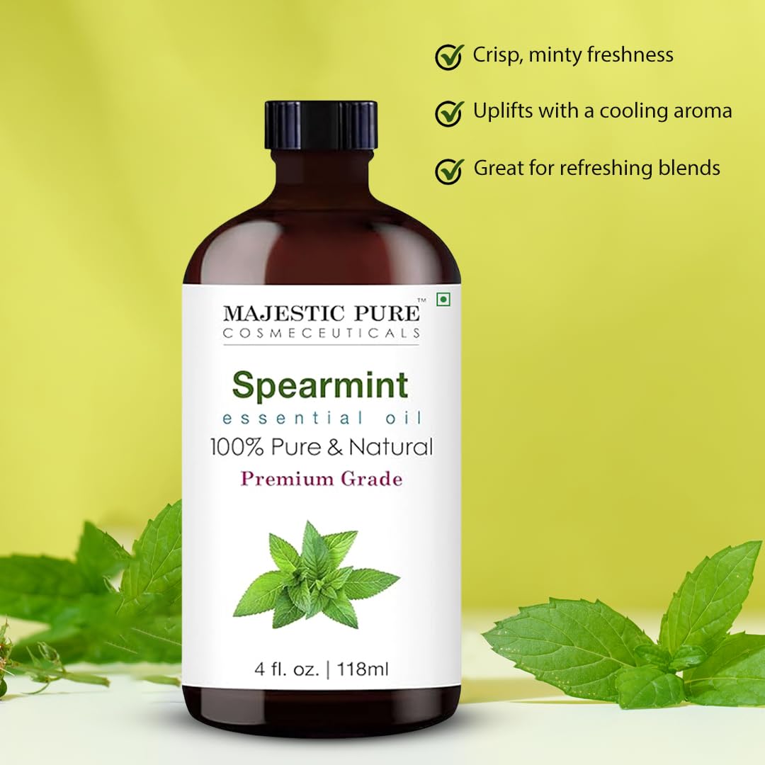 Majestic Pure Aceite Menta Verde, etiqueta detallada que facilita identificar pureza y usos