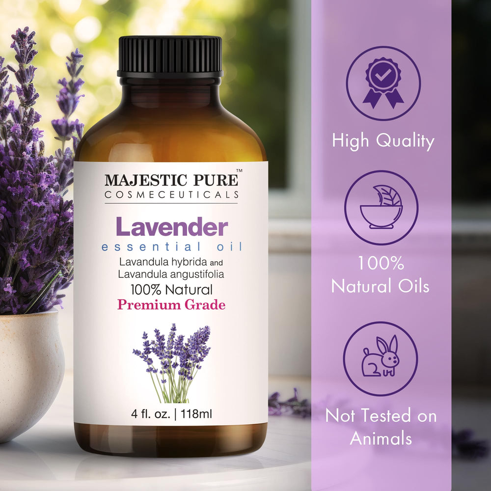 Majestic Pure amber glass bottle preserves lavender oil quality