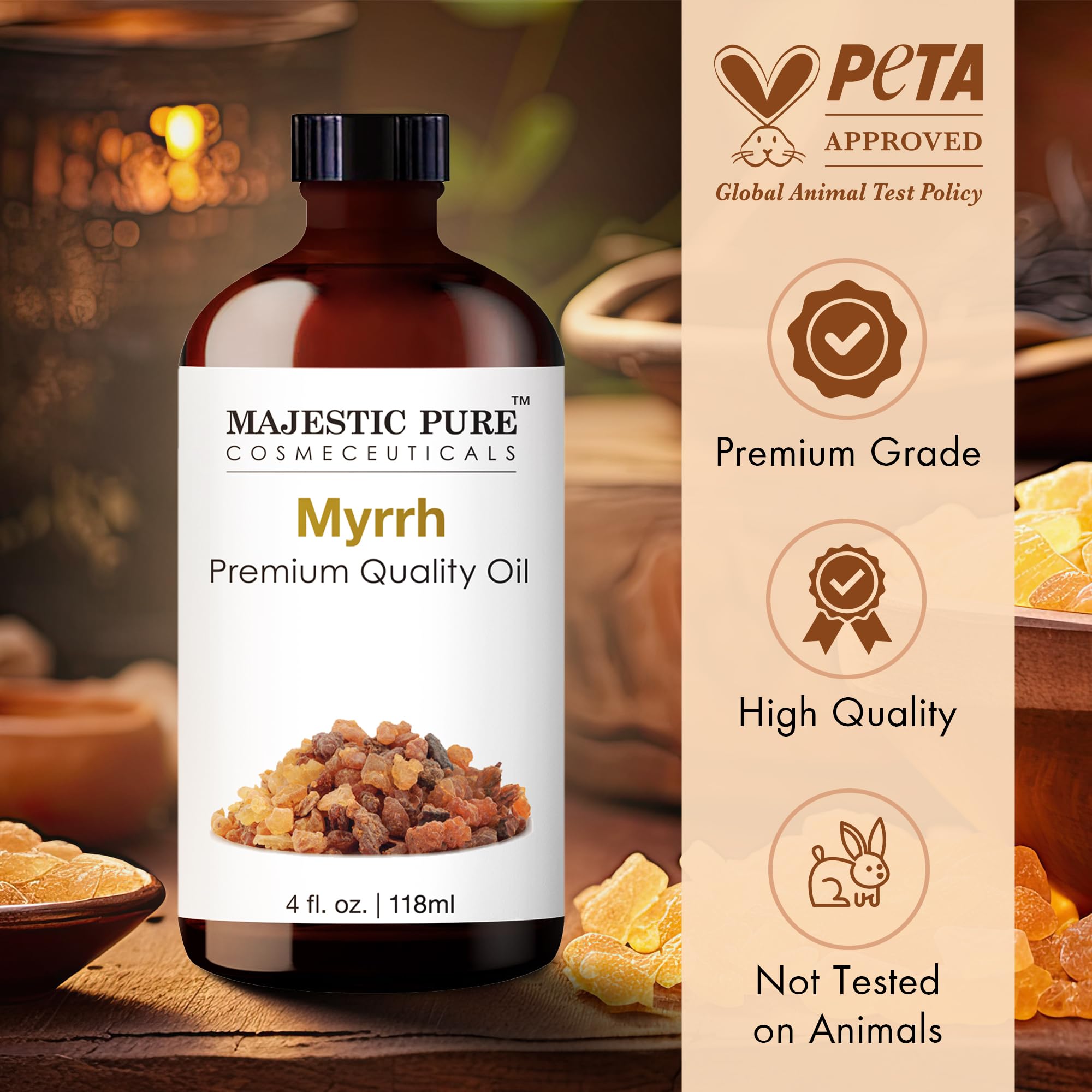 Amber glass Majestic Pure bottle protects purity and extends shelf life.