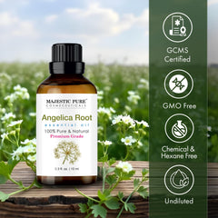 Amber Majestic Pure angelica root oil bottle protects against UV light.