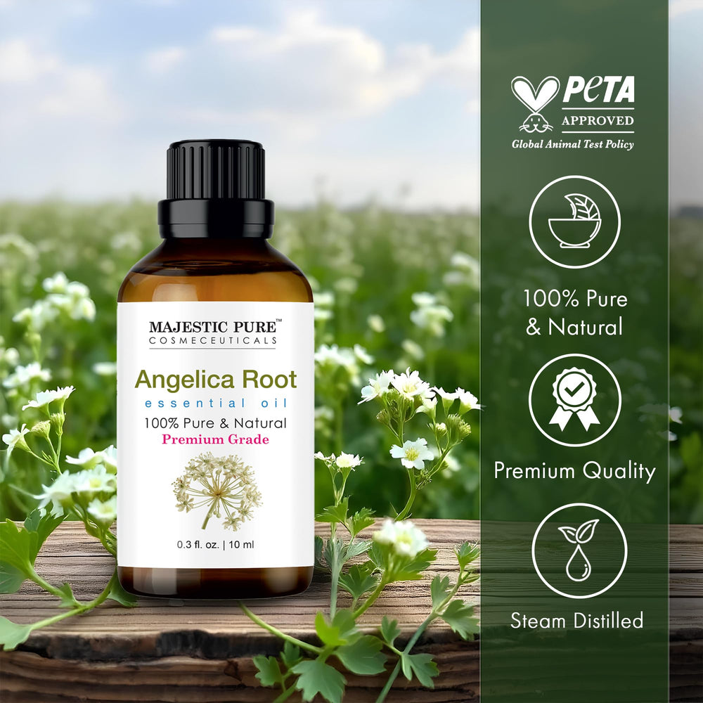 Majestic Pure angelica root oil with glass dropper for precise dosing.