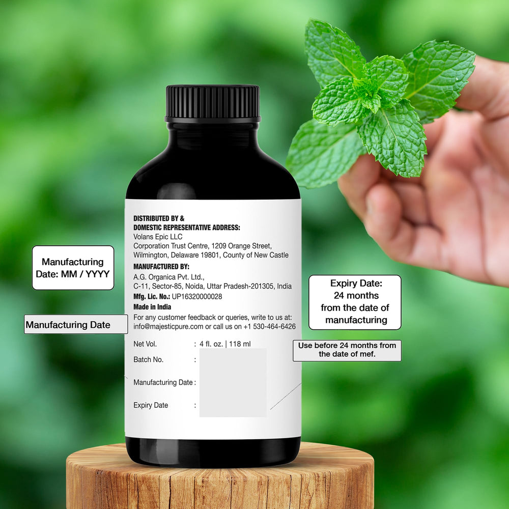Aplicacion localizada Majestic Pure menta para alivio temporal de molestias leves.