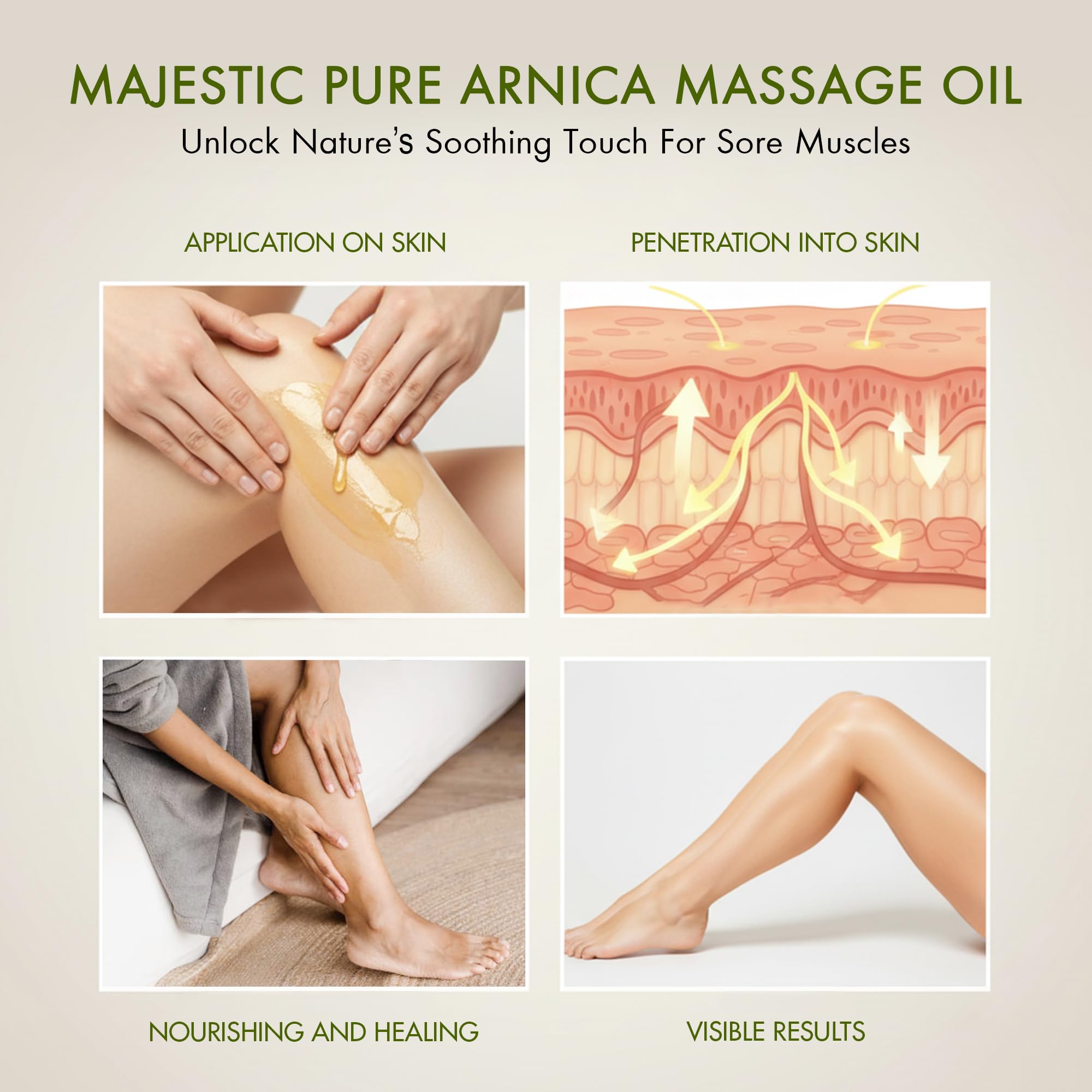 Majestic Pure ingredients close-up show arnica, lavender, chamomile blend.
