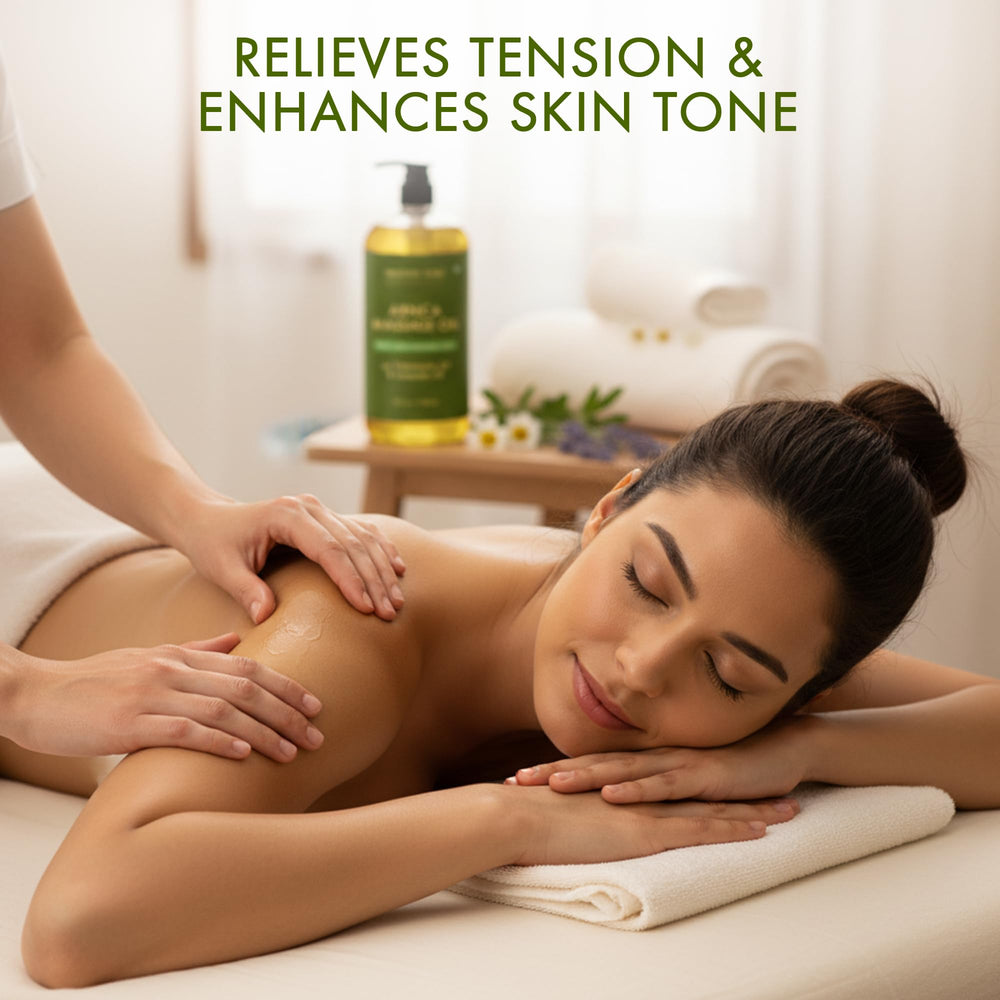Majestic Pure Arnica Massage Oil after-workout scene conveys gentle post-exercise muscle comfort
