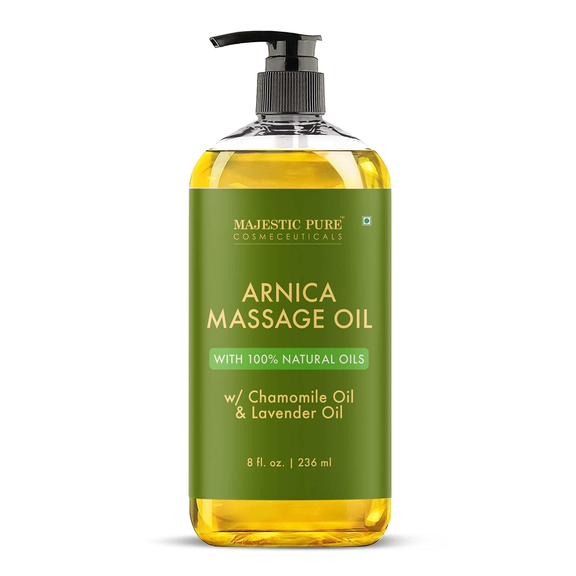 Majestic Pure Arnica Massage Oil bottle for a relaxing massage.