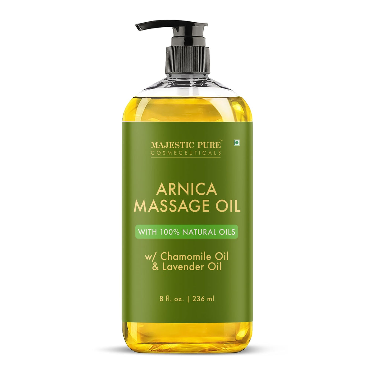 Majestic Pure Arnica Massage Oil bottle for a relaxing massage.