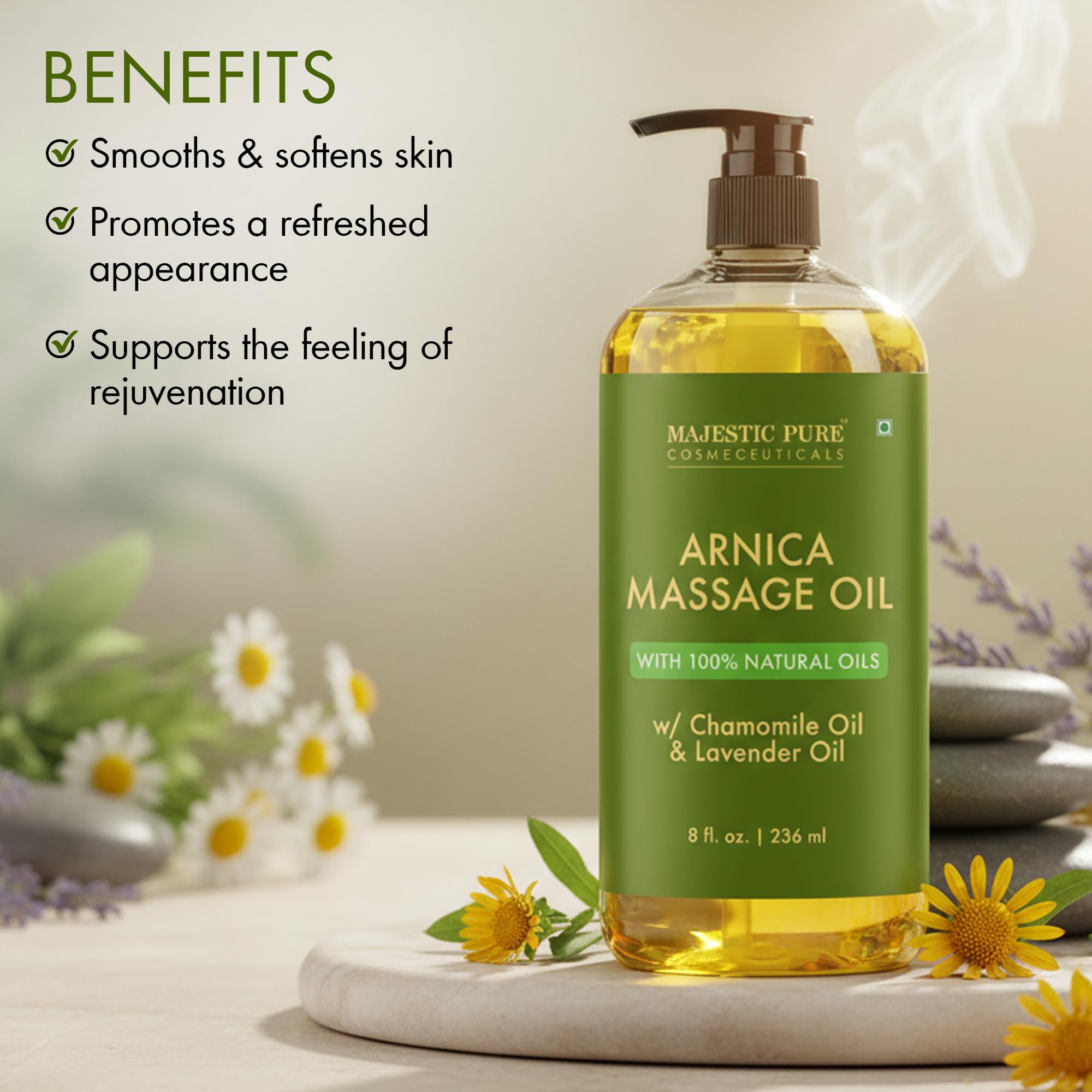 Majestic Pure Arnica Massage Oil pour demonstrates quick absorption for comfortable massage