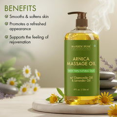 Majestic Pure Arnica Massage Oil pour demonstrates quick absorption for comfortable massage