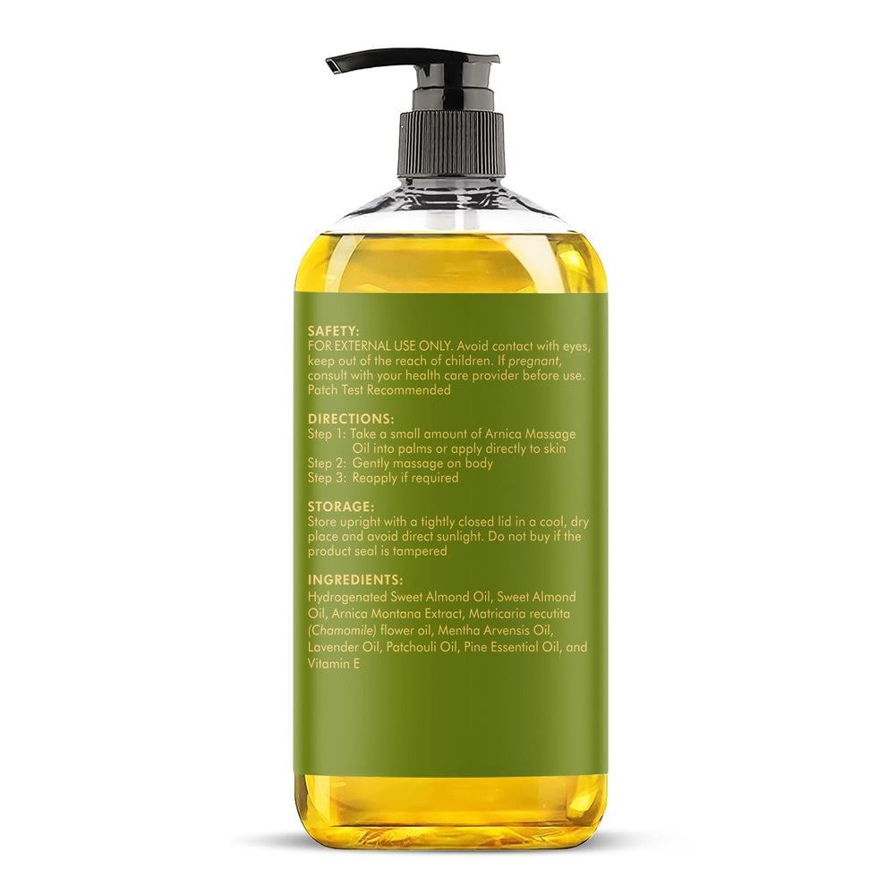 Majestic Pure Arnica Massage Oil unscented bottle implies versatile use with any fragrance routine