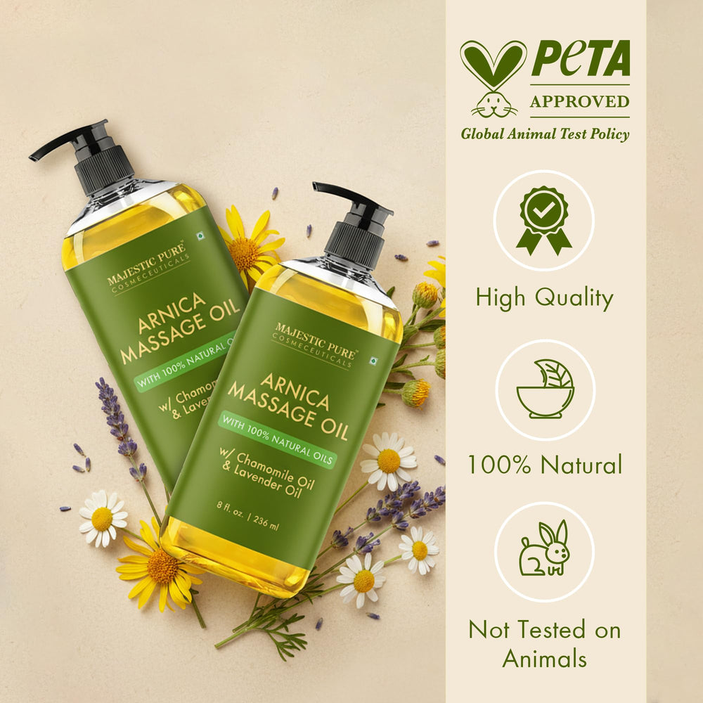 Close-up of Arnica ingredients like arnica, chamomile, and lavender in Majestic Pure oil.