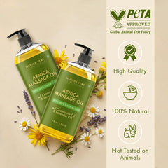 Close-up of Arnica ingredients like arnica, chamomile, and lavender in Majestic Pure oil.