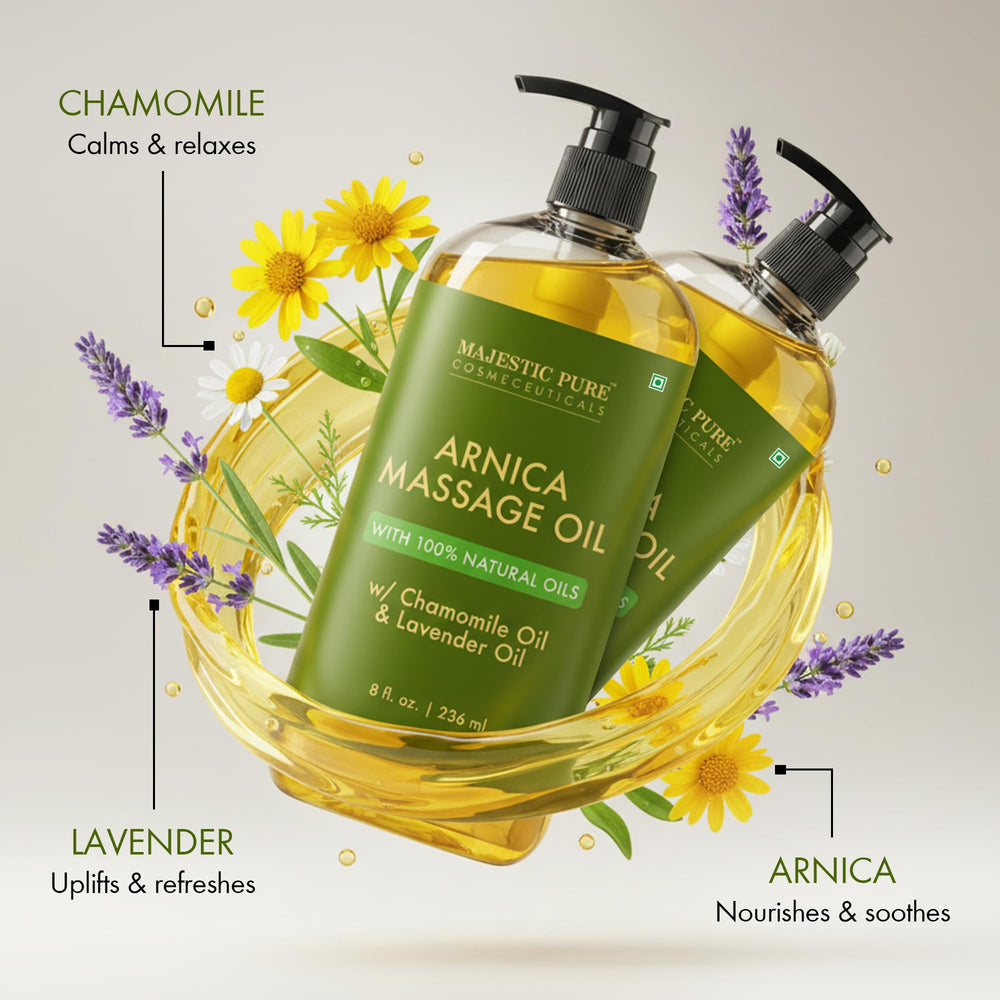 Spa scene with Majestic Pure Arnica massage oil and chamomile lavender blend.