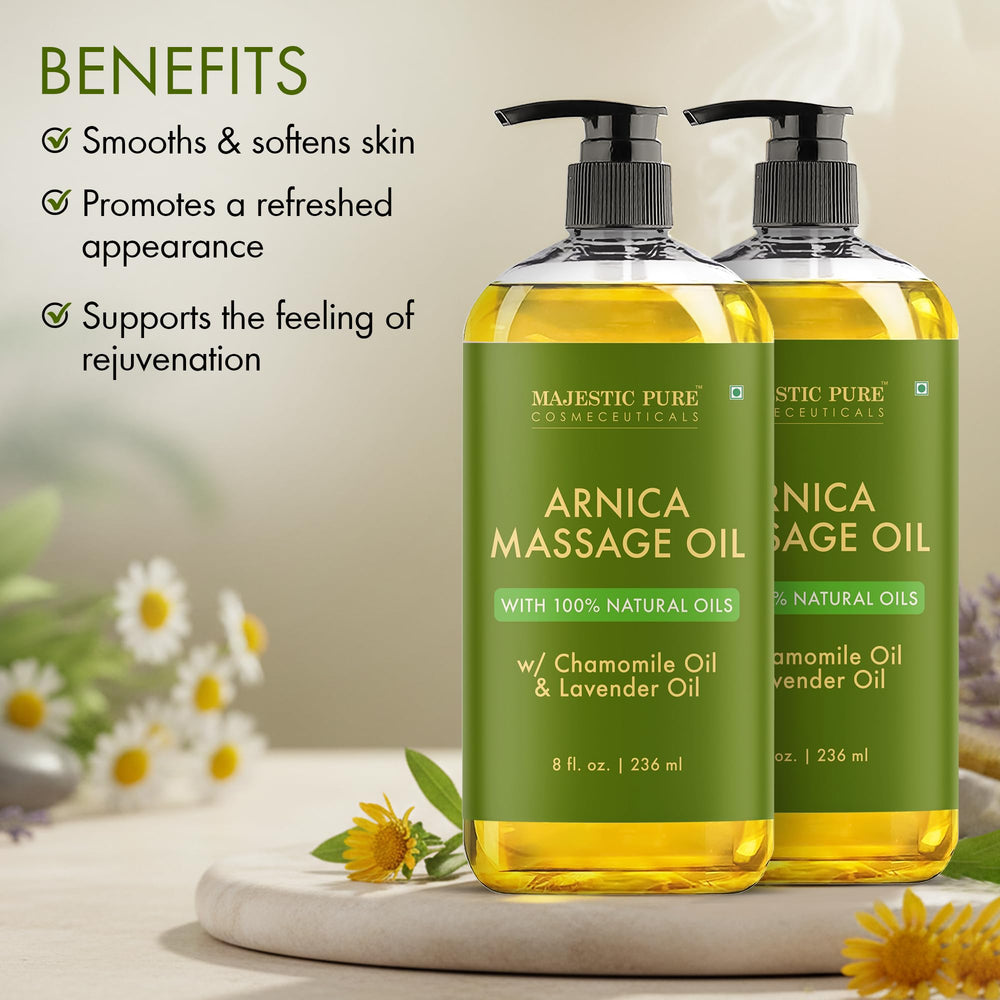 Majestic Pure Arnica massage oil applied by hands during a relaxing massage.