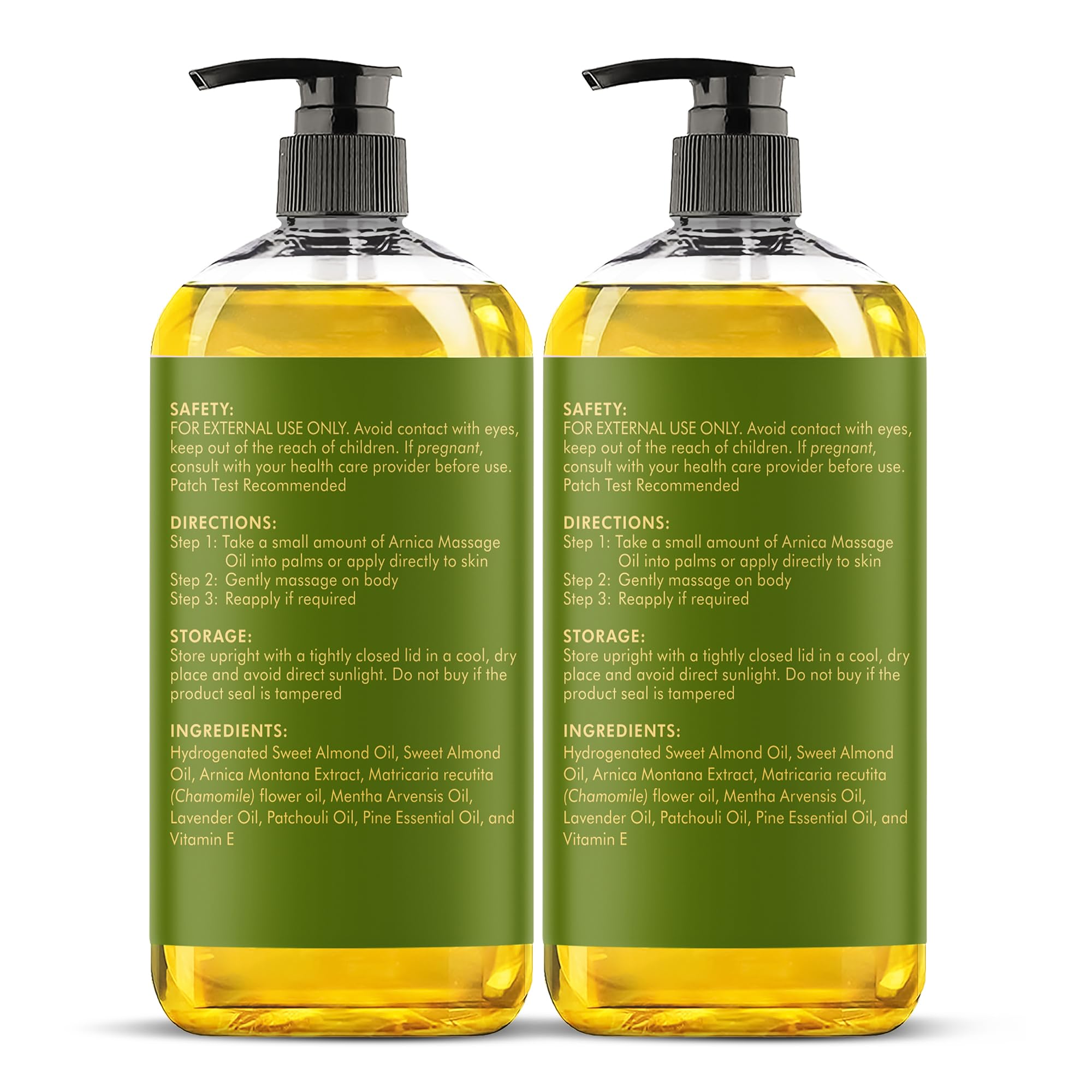 Two 8 oz Majestic Pure Arnica massage oil bottles in a pack.