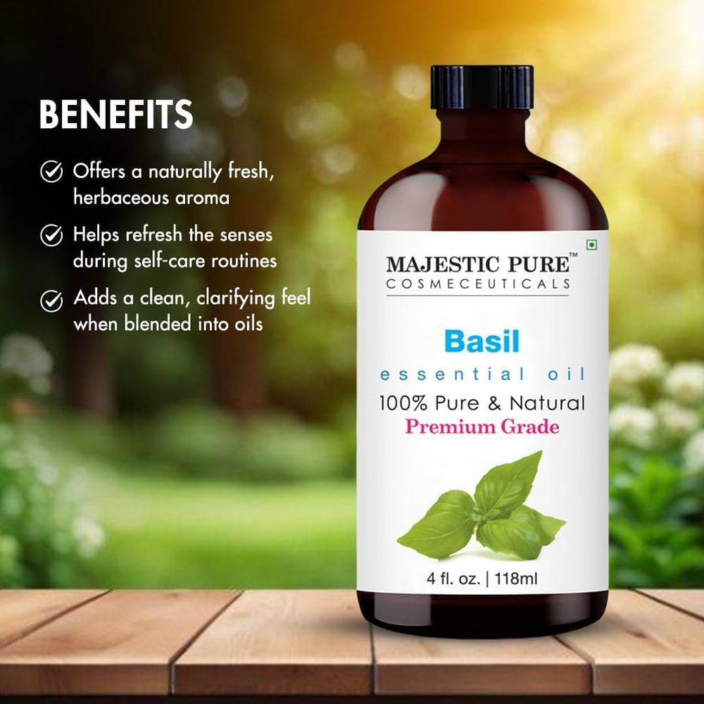 Majestic Pure Basil oil amber bottle protects from UV light.