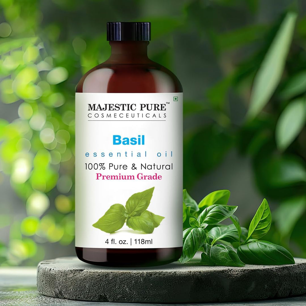 Majestic Pure Basil oil with dropper for precise, waste-free dosing.