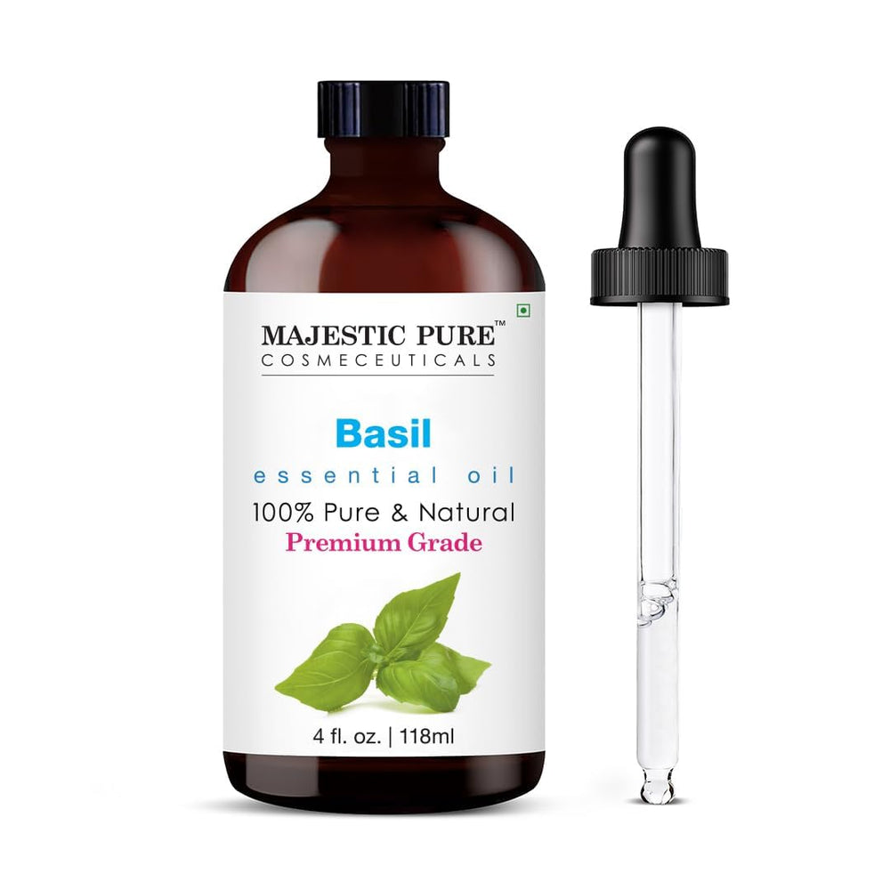 Majestic Pure Basil essential oil bottle in a glass container for diffusion.