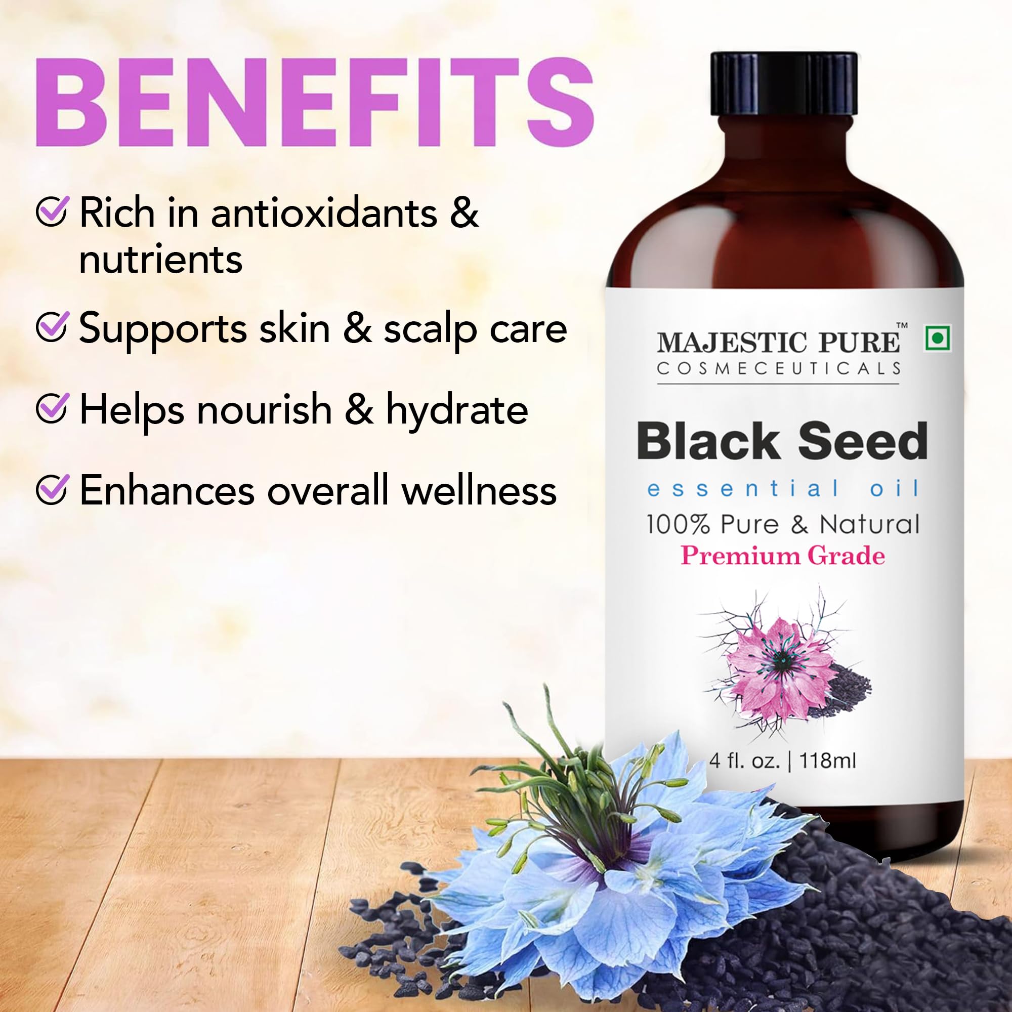 View of the Majestic Pure Black Seed Oil label on the amber bottle.
