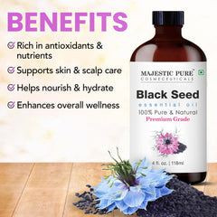 View of the Majestic Pure Black Seed Oil label on the amber bottle.