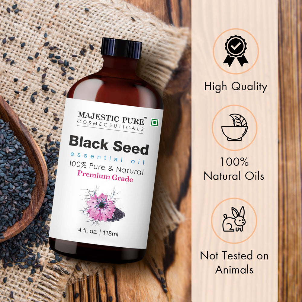 Pour-ready Majestic Pure Black Seed Oil bottle with dropper.